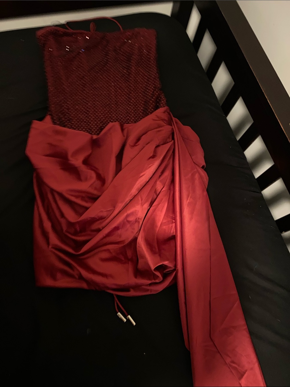 Red Sequin Prom Dress with Draped Satin Skirt